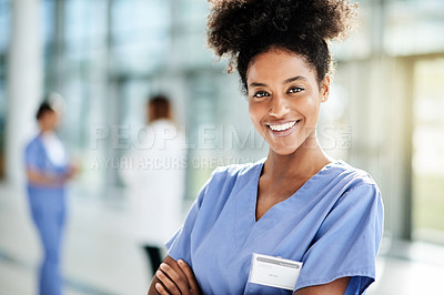 Buy stock photo Nurse, healthcare and portrait of woman with crossed arms for medical internship, career and opportunity. Hospital, about us and person with confidence, pride and happy for wellness, service and job