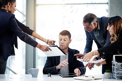 Buy stock photo Chaos, phone call or businessman in office with paperwork, administration crisis or tablet. Overwhelmed, toxic workflow or hands of people giving documents for deadline or task report to manager