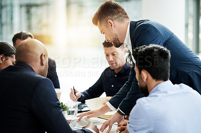 Buy stock photo Tablet, team and planning with business people in meeting for investment, research or budget proposal. Collaboration, treasury advisor or liquidity manager with employees in office for account report
