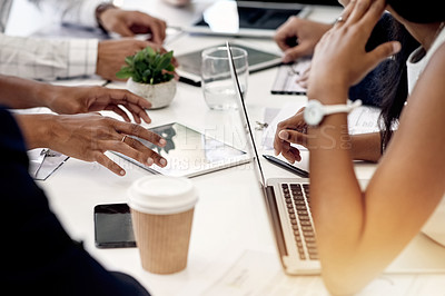 Buy stock photo Laptop, tablet and hands of business people in office with finance report for budget planning. Technology, discussion and team of financial advisors working on investment proposal in workplace.