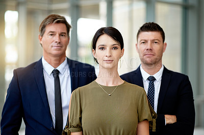 Buy stock photo Collaboration, management and portrait of business people in office for corporate career or professionalism. About us, company and serious with employee team in workplace together for development
