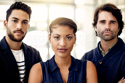 Buy stock photo About us, collaboration and portrait of business people in office for career development or professionalism. Company, diversity and serious with employee team in workplace together for solidarity