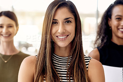 Buy stock photo Portrait, woman or leadership in office with smile, confident or pride in public relations agency. Creative, happy or female person in workplace for PR management, opportunity or about us in startup.
