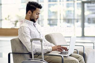 Buy stock photo Laptop, wait and business man in airport lobby for conference, travel and email confirmation. Online booking, seminar schedule and flight with person, luggage and tech for reservation information