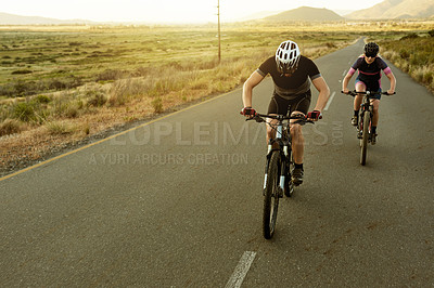 Buy stock photo Athlete, people and cycling on bicycle in road for pace training, sport fitness and race challenge. Cyclist, space and team riding on bike in nature for cardio exercise, endurance workout and energy