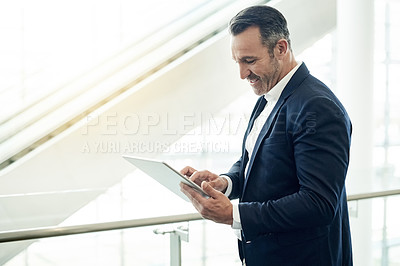 Buy stock photo Office, online and business man with tablet for investment research, internet or reading finance report. Corporate, lobby and person on digital tech for proposal review, financial planning or website