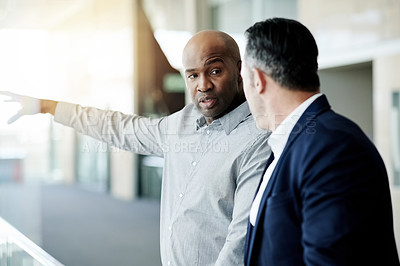 Buy stock photo Collaboration, planning and people pointing to building for office expansion, view property and ideas. Real estate developer, client and vision for project development, commercial sale and investment