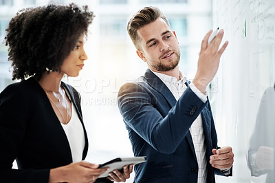 Buy stock photo Whiteboard, tablet and business people in meeting for ideas, finance proposal and solution. Office, collaboration and man with woman writing for financial planning, revenue insight and brainstorming
