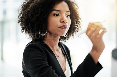 Buy stock photo Business woman, board and writing at office with planning, solution and checklist for project management. African person, notes and agenda with insight, problem solving or feedback at media agency