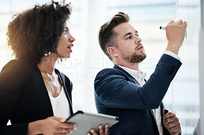 Buy stock photo Woman, tablet and mentor with discussion at whiteboard for business upskill, learning or career growth. Attention, people and training in office for internship, our vision and corporate development