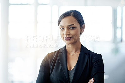 Buy stock photo Portrait, corporate and business woman in office as financial consultant with pride. Employee, professional and confident investment advisor in workplace with career opportunity, about us or ambition