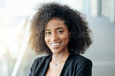 Buy stock photo Conference, portrait and smile of business woman in lobby for development seminar or workshop. Convention center, face and flare with happy African employee in foyer for event, symposium or tradeshow