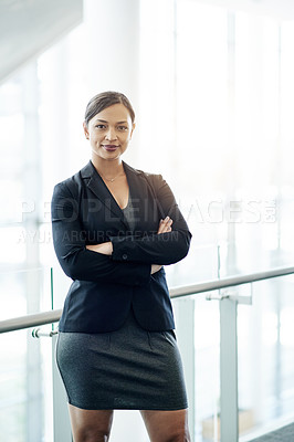 Buy stock photo Arms crossed, business and portrait of happy woman in lobby of convention center for seminar. Expo, symposium and tradeshow with smile of employee at conference for development, event or workshop
