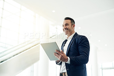Buy stock photo Thinking, business and man with tablet at airport for vision, travel ideas and flight booking. Smile, mature person and digital for departure planning, global journey and reflection for work trip