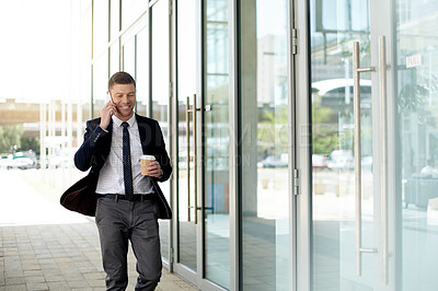 Buy stock photo Coffee, phone call and walk with business man in city for morning commute, contact and meeting agenda. Travel schedule, drink and networking with mature person outdoor for chat and connection