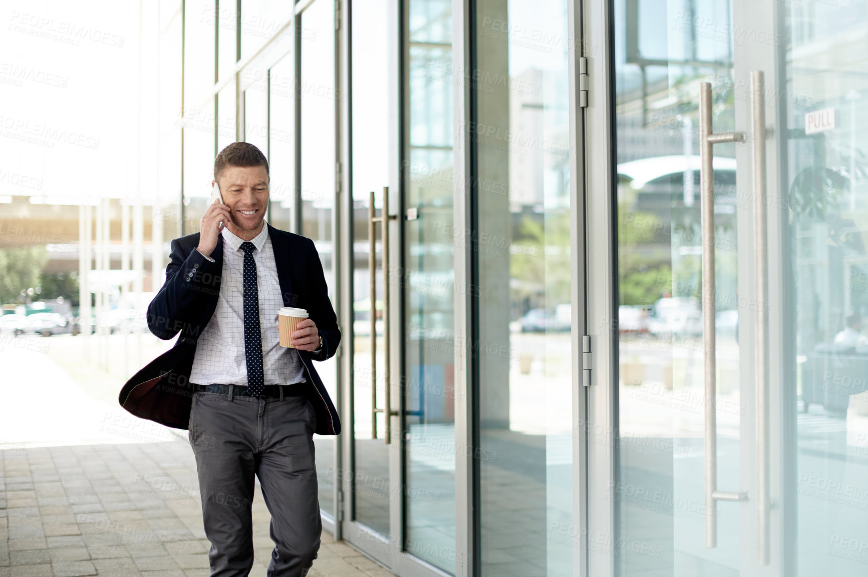 Buy stock photo Coffee, phone call and walk with business man in city for morning commute, contact and meeting agenda. Travel schedule, drink and networking with mature person outdoor for chat and connection
