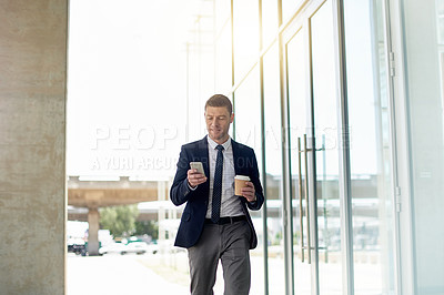 Buy stock photo Coffee, phone and email with business man in city for morning commute, contact and meeting agenda. Travel schedule, drink and networking with mature person outdoor for text message and notification