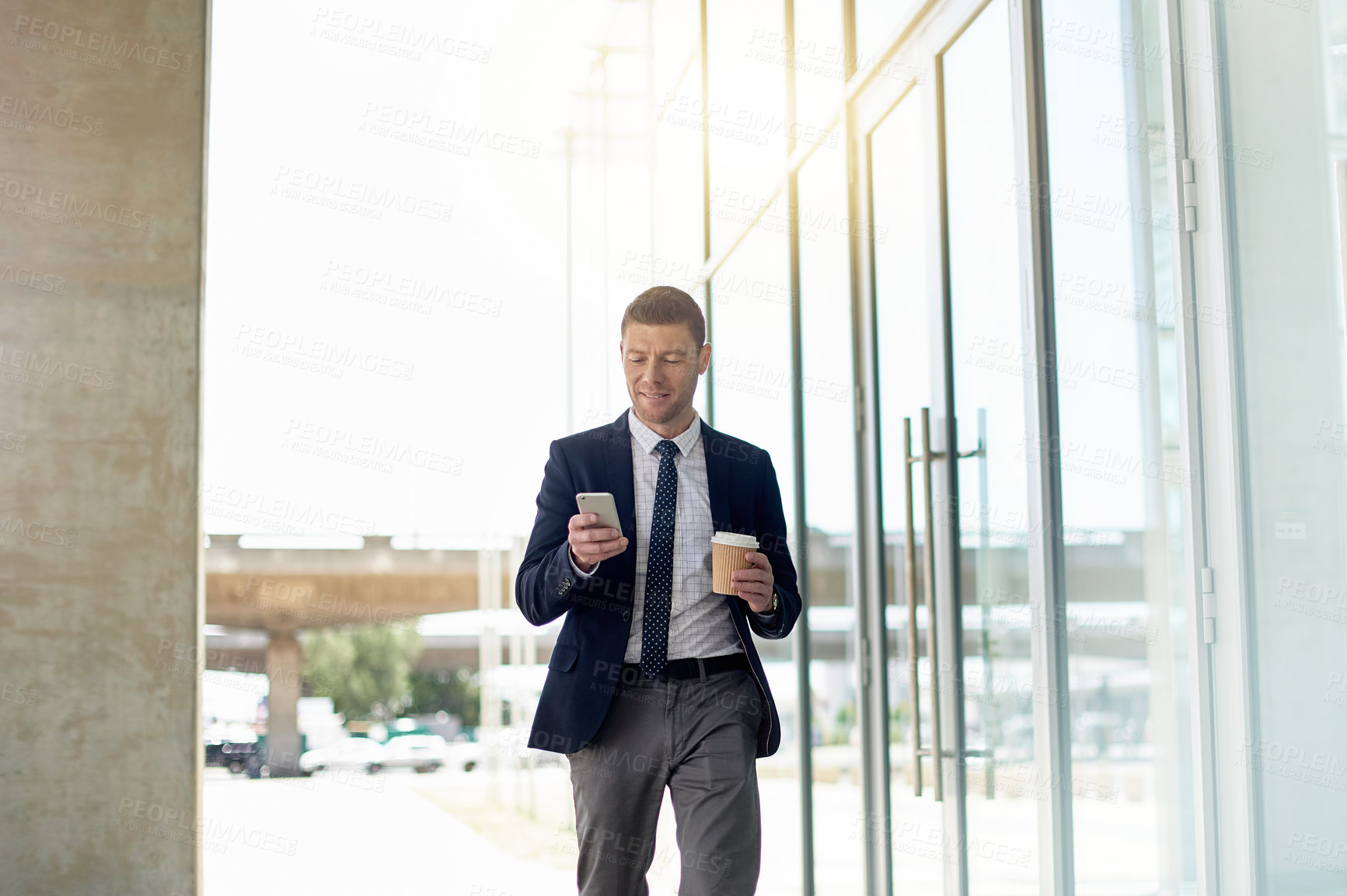Buy stock photo Coffee, phone and email with business man in city for morning commute, contact and meeting agenda. Travel schedule, drink and networking with mature person outdoor for text message and notification