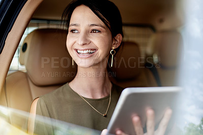 Buy stock photo Woman, taxi and tablet with thinking for travel, urban commute and communication on drive. Transport, car window and cab ride with business person, technology and schedule or agenda on road to work