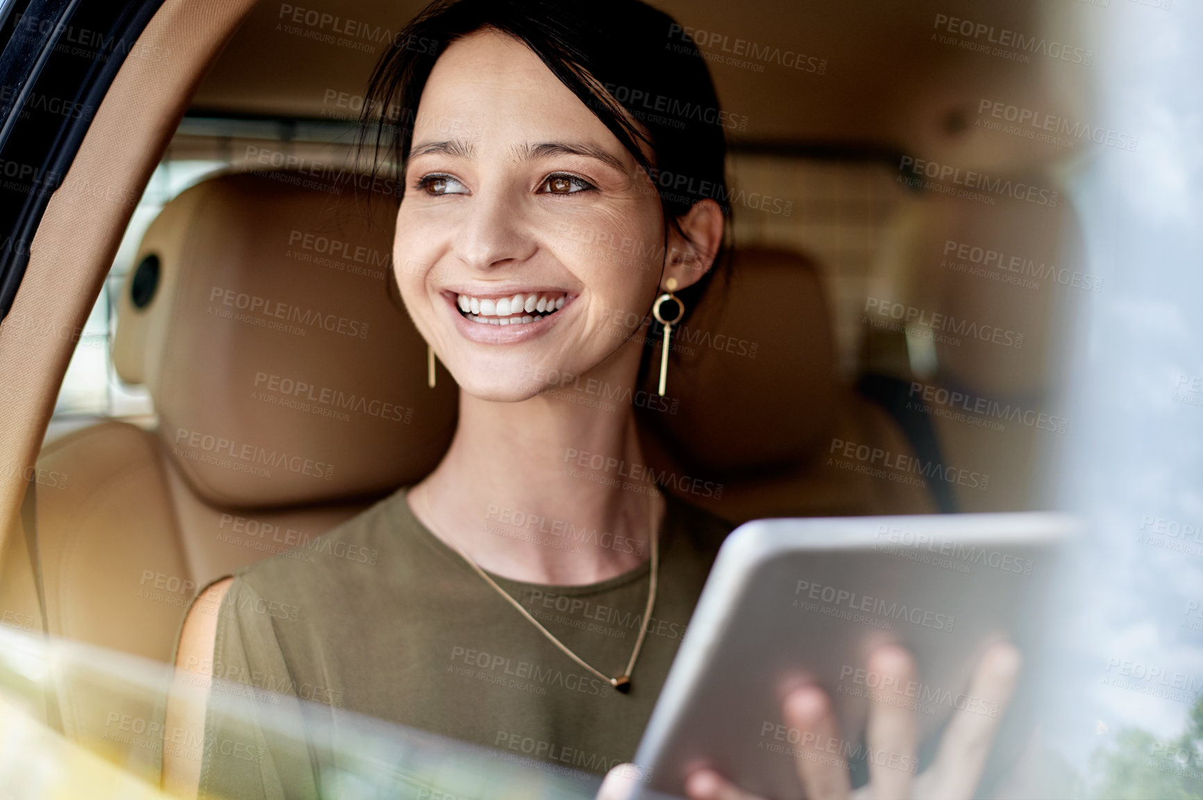 Buy stock photo Woman, taxi and tablet with thinking for travel, urban commute and communication on drive. Transport, car window and cab ride with business person, technology and schedule or agenda on road to work