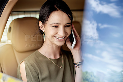 Buy stock photo Woman, cab and phone call with smile for travel, urban commute and communication on drive. Transport, car window or taxi ride with business person, conversation and schedule or agenda on road to work