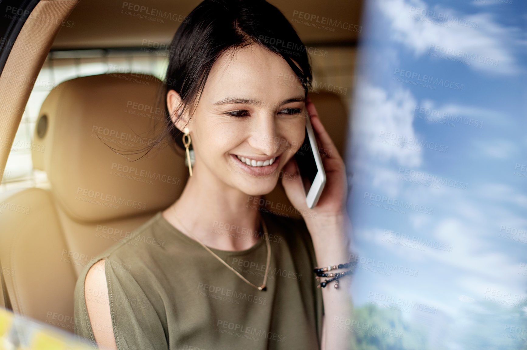 Buy stock photo Woman, cab and phone call with smile for travel, urban commute and communication on drive. Transport, car window or taxi ride with business person, conversation and schedule or agenda on road to work