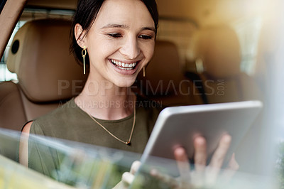 Buy stock photo Woman, cab and tablet with smile for travel, urban commute and communication on drive. Transport, car window and taxi ride with business person, technology and schedule or agenda on road to work