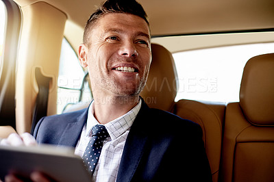 Buy stock photo Tablet, smile and business man in car for chauffeur service, contact and vip passenger. Concierge fleet, event schedule or security transport with mature person in vehicle for conference arrival time