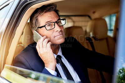 Buy stock photo Car, phone call and travel with business man in backseat for drive to corporate job or work location. Communication, commute and vision with mature employee in vehicle for transportation as passenger