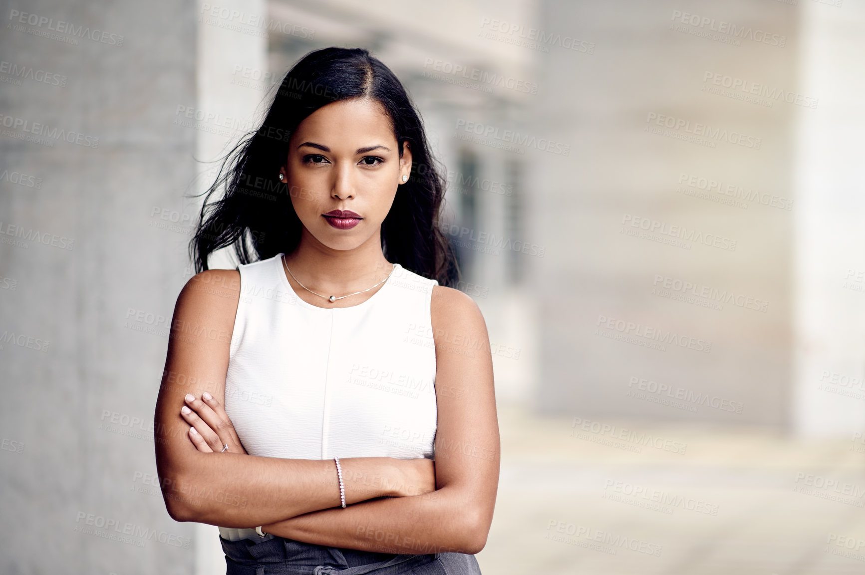 Buy stock photo Confident woman, portrait or lawyer with arms crossed in agency for professional ambition. Office, consultant or serious attorney with pride for legal career, about us or mission for justice in job