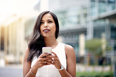 Buy stock photo City, employee and woman with smartphone, thinking or planning for property development outdoor. Space, urban planner or person with tech for research, reflection or smile for real estate project