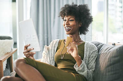 Buy stock photo Home, tablet and happy woman with credit card for online shopping, internet purchase and digital sale. Laugh, sofa and African person on tech for ecommerce, order payment or discount on website store