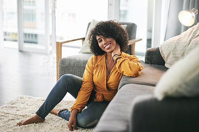 Buy stock photo Happy, relax and portrait of woman in home on floor for resting, chill and comfortable on weekend. Living room, smile and person with free time, break and lazy for peace, wellness and calm in house