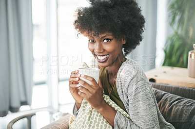 Buy stock photo Happy, coffee and portrait of black woman in home with drink for relax, calm and wellness on sofa. Living room, morning and person with beverage on couch for peace, comfortable and resting on weekend