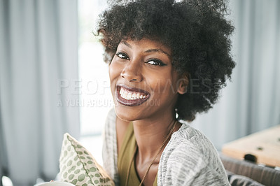 Buy stock photo Portrait, house and black woman on sofa, smile and relax with weekend break, calm and pillow in lounge. Apartment, cushion and African person on couch, peaceful and positive mindset with confidence