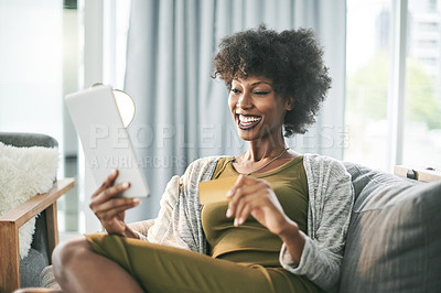 Buy stock photo Credit card, tablet and black woman on sofa for online shopping, internet purchase and digital sale. Home, happy and person relax on tech for ecommerce, order payment and discount on website store