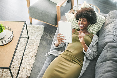 Buy stock photo Tablet, relax and happy with black woman on sofa for social media, connection and communication. Reading, networking app and streaming with above of person in living room of home for digital post