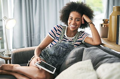 Buy stock photo Woman, portrait or relax with tablet on sofa for web browsing, online shopping or weekend break. Happy, african person or digital tech in home for streaming service, dating app and social media news