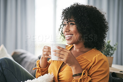 Buy stock photo Woman, coffee and thinking on sofa with smile, memory and relax with comfort in living room. Person, happy and perspective with drink, tea or beverage for reflection with inspiration at apartment