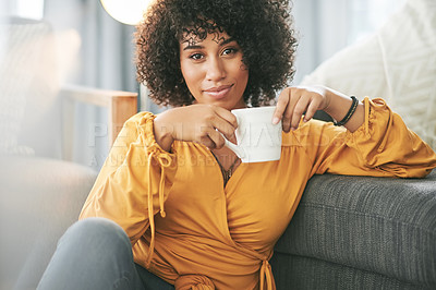 Buy stock photo Woman, calm and portrait with tea in living room, unwind or routine to relax with drink in house. Peace, comfortable and black person with warm beverage for rest, break or weekend at apartment