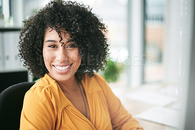 Buy stock photo Portrait, happy and black woman with pride, office and creative for career development and employee. Confident, graphic designer and ambitious for job opportunity, smile or positive attitude in Kenya