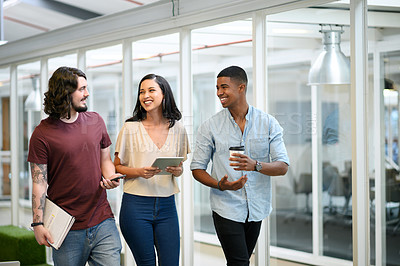 Buy stock photo Business team, tablet and walking for meeting, talking and company project in office with coffee. Collaboration, tech and planning for storytelling, ebook and article publication as creative people