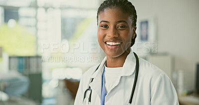 Buy stock photo Clinic doctor, happy and portrait black woman, GP or medical consultant smile for career, medic job or healthcare vocation. Cardiologist office, nurse face and confident physician for support service