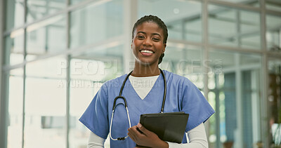 Buy stock photo Portrait doctor, happy black woman and tablet for healthcare, medical research or clinic report. Job experience, cardiology career and African nurse, surgeon or medicine expert smile in hospital