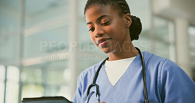 Buy stock photo Tablet, doctor and black woman reading online healthcare information, medical research or clinic report. Wellness, surgeon and nurse hospital database for telehealth review, medicine or feedback