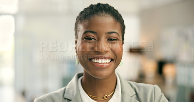 Buy stock photo Portrait, happy and black woman in business, office or corporate workplace in Nigeria. Face of African professional entrepreneur smile, worker or employee, consultant advisor or agent with confidence