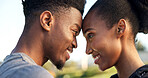 Black couple, happy and love outdoor with forehead touch for commitment, relationship and bonding. Smile, man and woman together for quality time, soulmate or romantic connection or support in summer