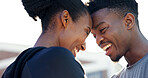 Black couple, happy and outdoor with forehead touch for commitment, relationship and bonding. Smile, man and woman together for quality time, soulmate or romantic connection or support in summer