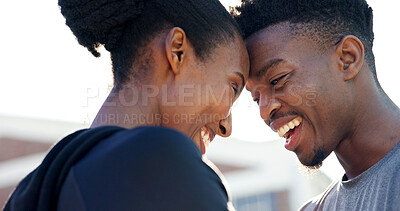 Buy stock photo Black couple, happy and outdoor with forehead touch for commitment, relationship and bonding. Smile, man and woman together for quality time, soulmate or romantic connection or support in summer