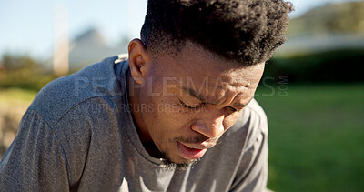 Buy stock photo Fitness, exercise and male runner rest outdoor for fatigue, tired and break on run in park. Breathe, exhausted and black man with healthy lifestyle, training and cardio workout for wellness
